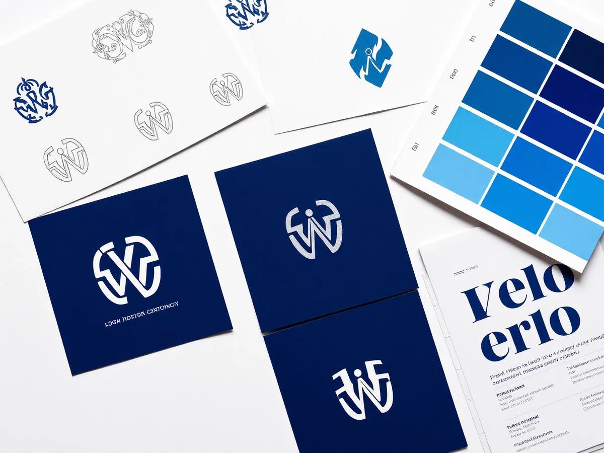 Logo concepts, colour swatches and type specimens laid out on a desk